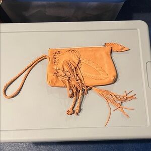 Tan Leather Clutch with Fringe Detail